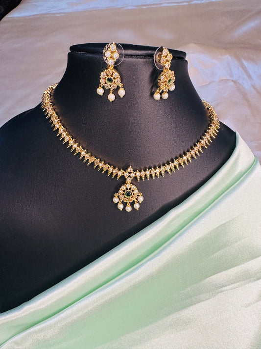 AD Stone Attigai white with Green Necklace Set