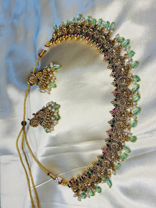 Multi Color Lakshmi Mayoora Kasu Necklace Set
