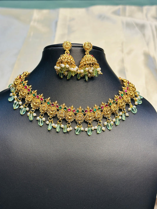 Multi Color Lakshmi Mayoora Kasu Necklace Set