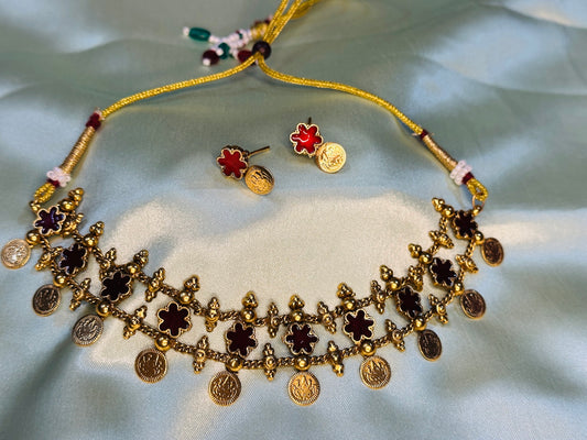 Three Layer Kasu Maroon Floral Choker Set