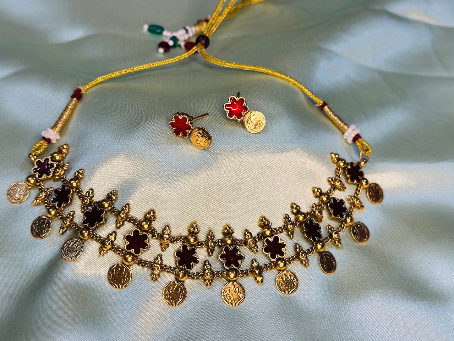 Three Layer Kasu Maroon Floral Choker Set