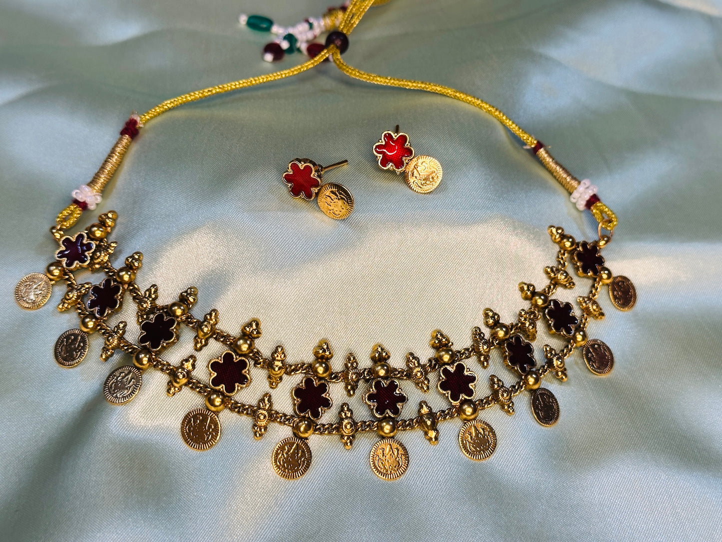 Three Layer Kasu Maroon Floral Choker Set