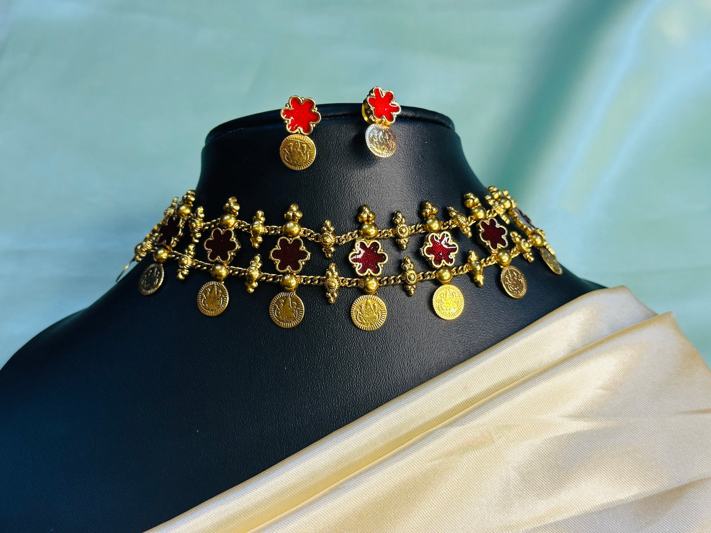 Three Layer Kasu Maroon Floral Choker Set