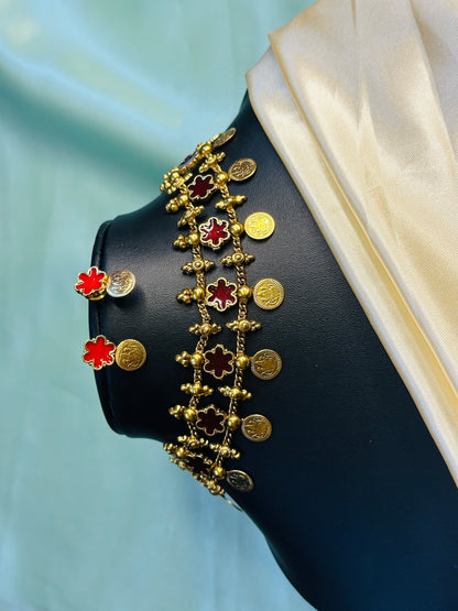 Three Layer Kasu Maroon Floral Choker Set