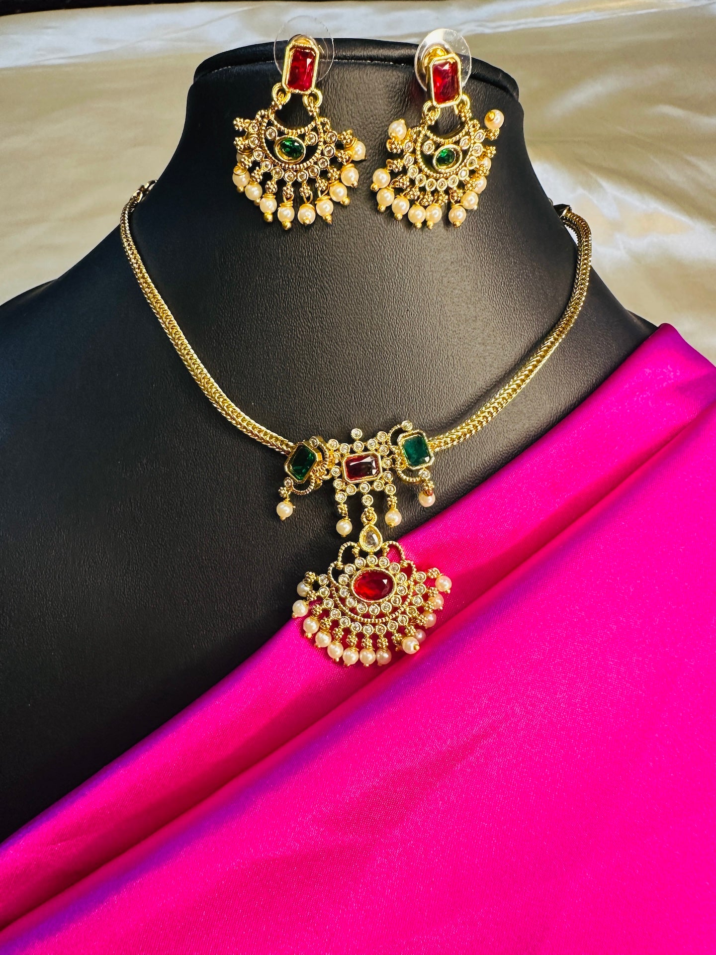 AD Stone Attigai  Rubi  & Emerald  Chain Set