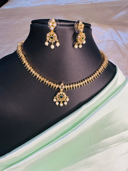 AD Stone Attigai  white with Green Necklace Set
