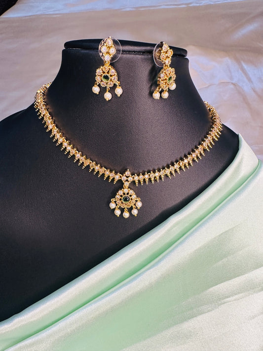 AD Stone Attigai  white with Green Necklace Set
