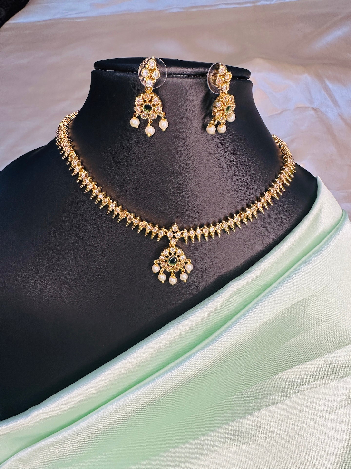AD Stone Attigai  white with Green Necklace Set